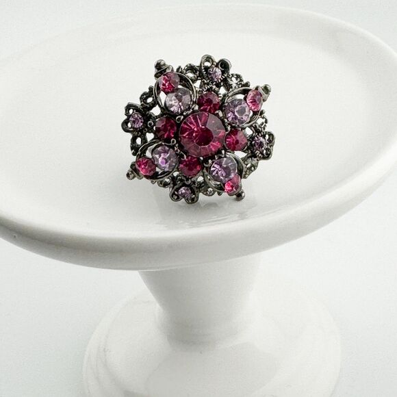 Vintage Purple Pink Crystal Rhinestone Cluster Starburst Fashion Ring Adjustable - Picture 6 of 8